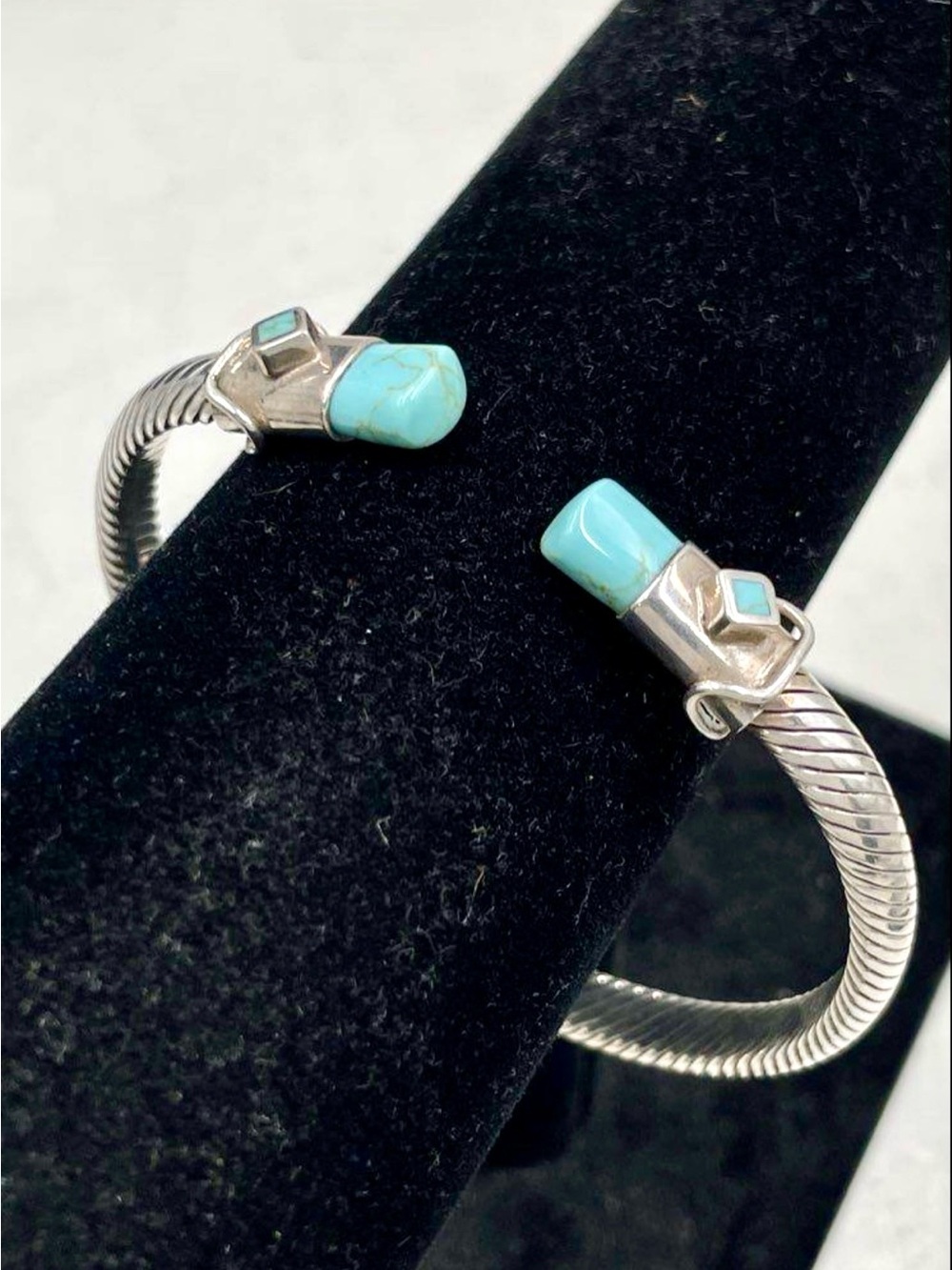 925 Sterling Silver Mexico Cable Open Cuff Turquoise Bracelet 6.5”